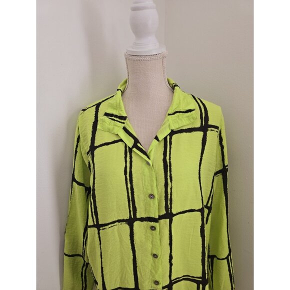 John Mark Abstract Neon Green Black Collared Roll Tab Tunic Blouse Top Shirt XL - Picture 2 of 12